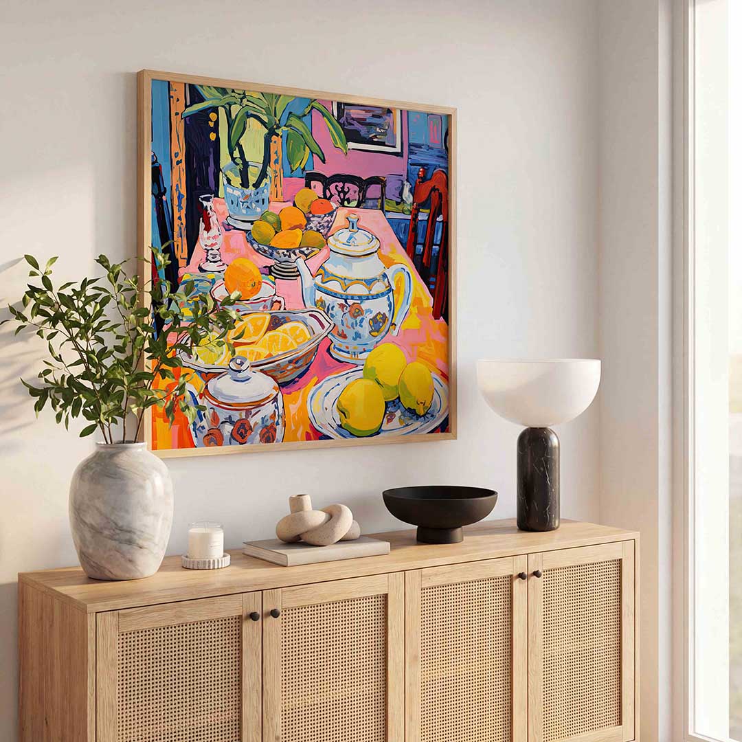 Fruit en servies op tafel Poster