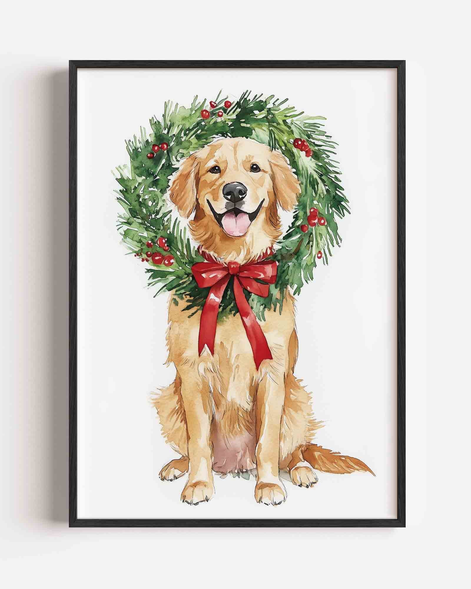 Hond met kerstkrans Poster