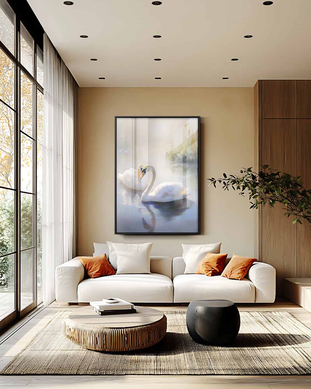 Romantisch Zwanenpaar in Mystieke Ochtendmist Kunstwerk-canvas-dibond-plexiglas-wanddecoratie-WallArtistic