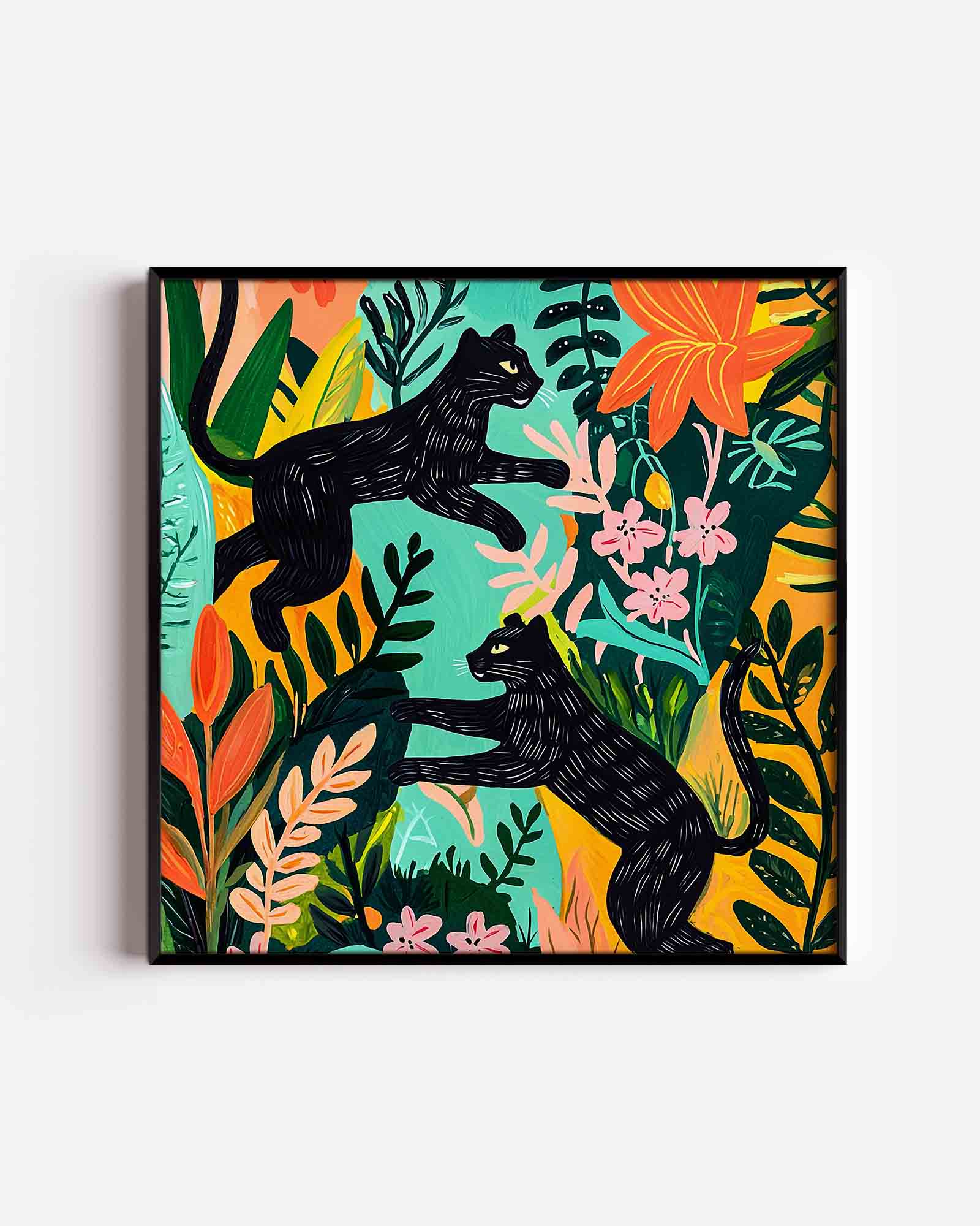Zwarte panters en bloemen Poster