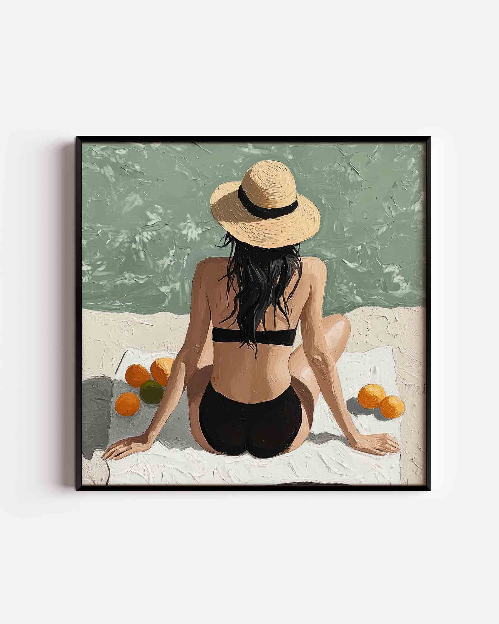 Vrouw op strand met hoed Poster