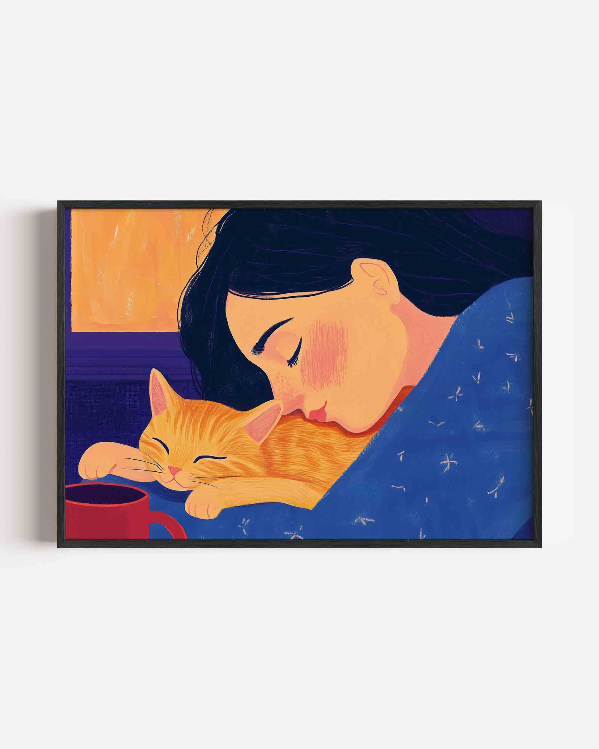 Slapende vrouw met kat Poster