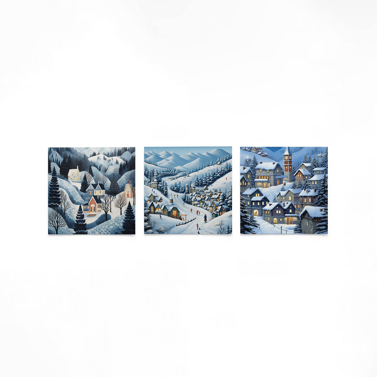 Drie vierkante posters met besneeuwde bergdorpen op een gebroken witte achtergrond