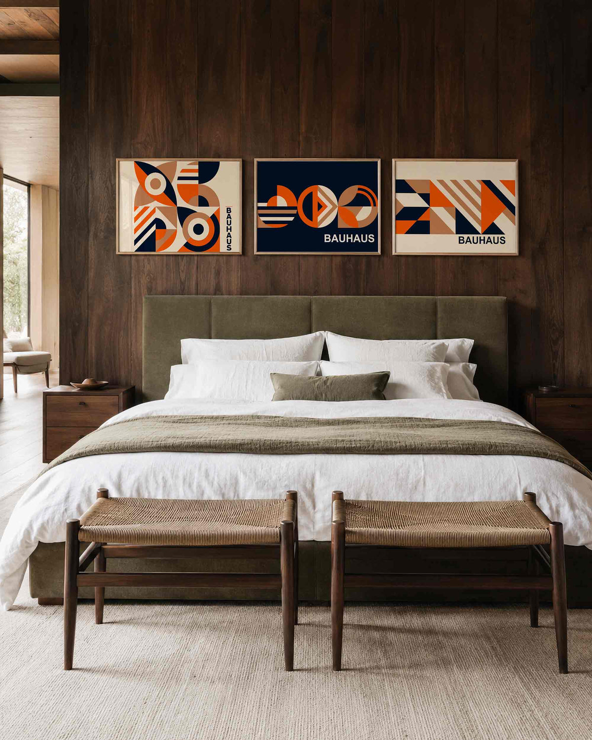Interieurmockup van drieluik landscape-posterset met cirkelbogen en diagonalen