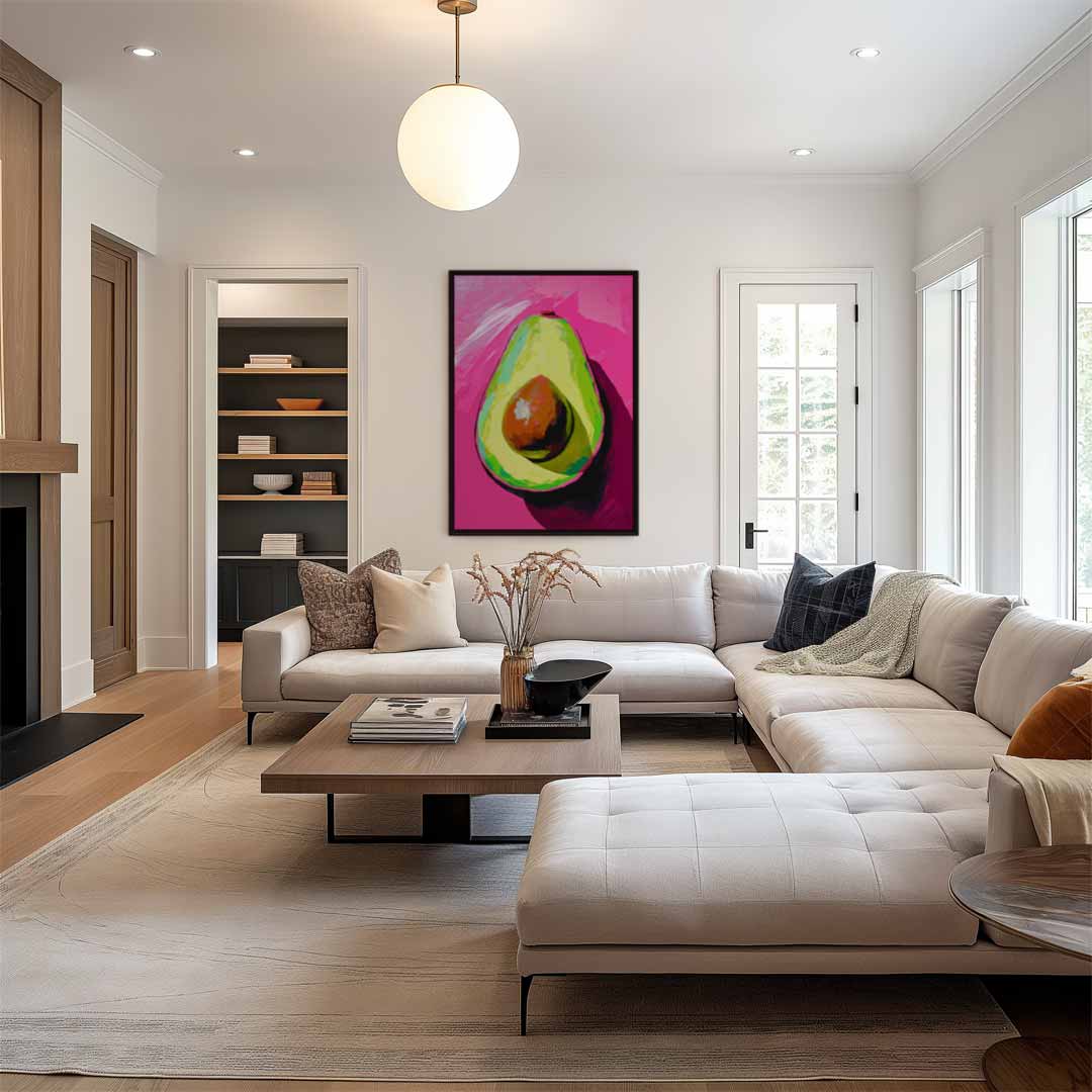 Avocado Kunstwerk met Roze Achtergrond Kunstwerk-canvas-dibond-plexiglas-wanddecoratie-WallArtistic