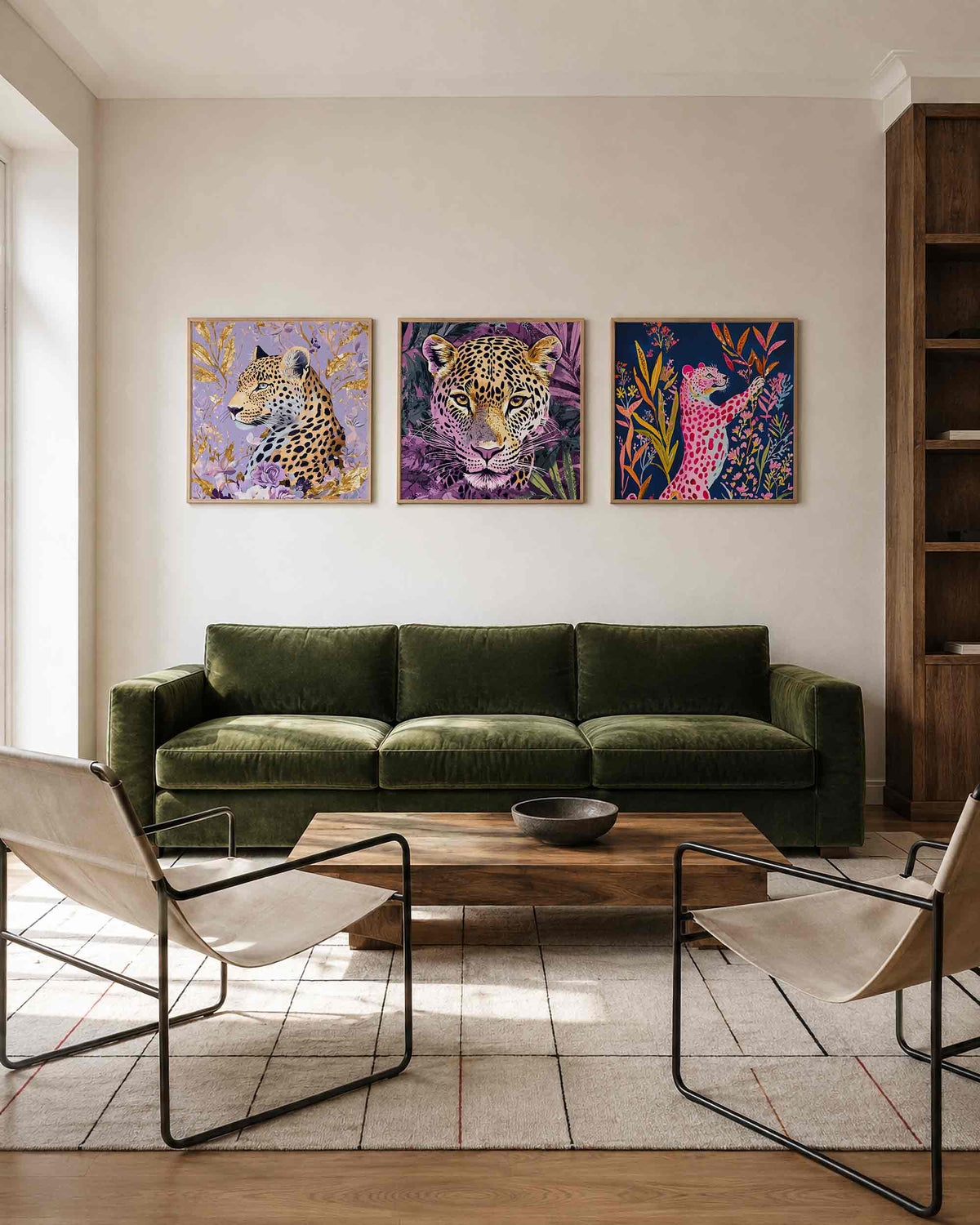 Interieurpresentatie van een driedelige vierkante posterset met luipaarden in bloemen
