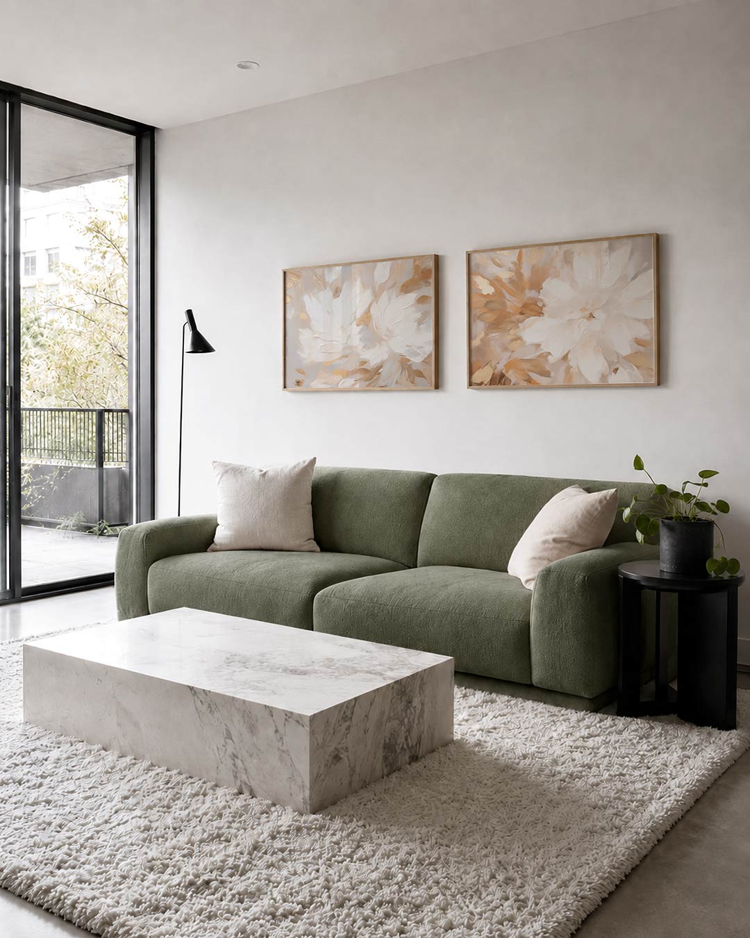 Tweedelige posterset met vloeiende witte en beige vlakken met gouden accenten, getoond in een interieur