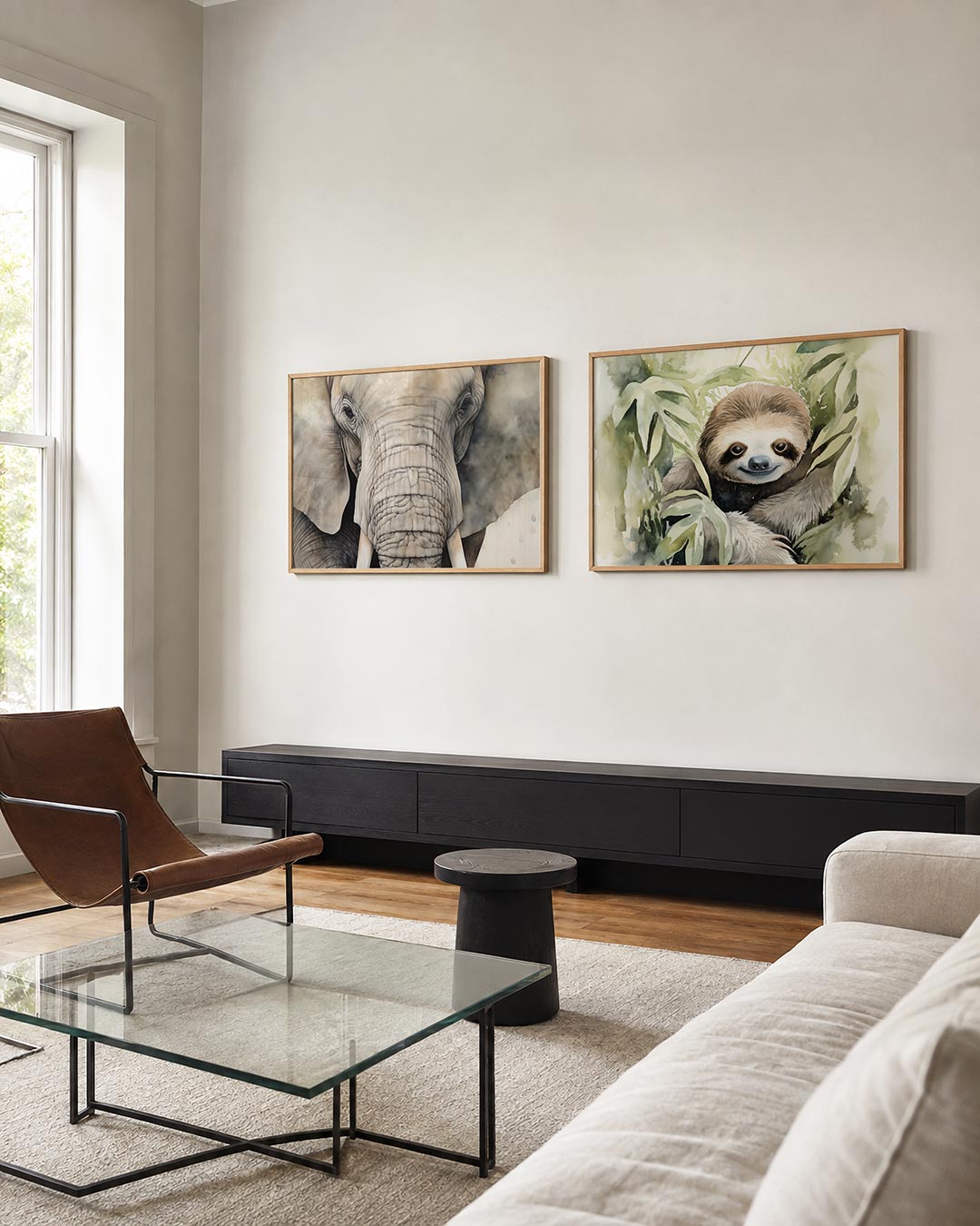 Tweedelige posterset met een close-up van een olifant met gedetailleerde huidtexturen, getoond in een interieur