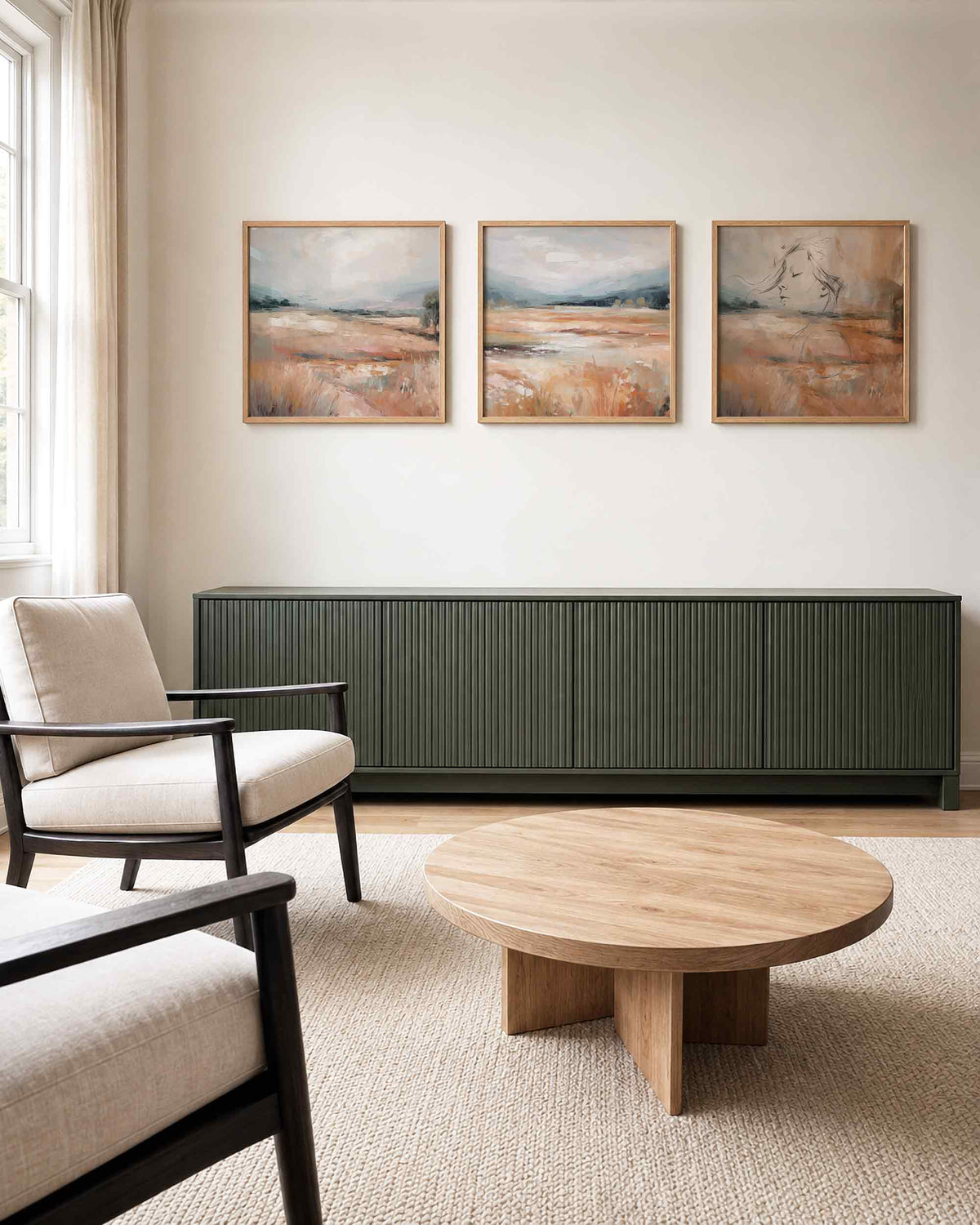Interieurpresentatie van een driedelige vierkante posterset met abstract landschap en portret