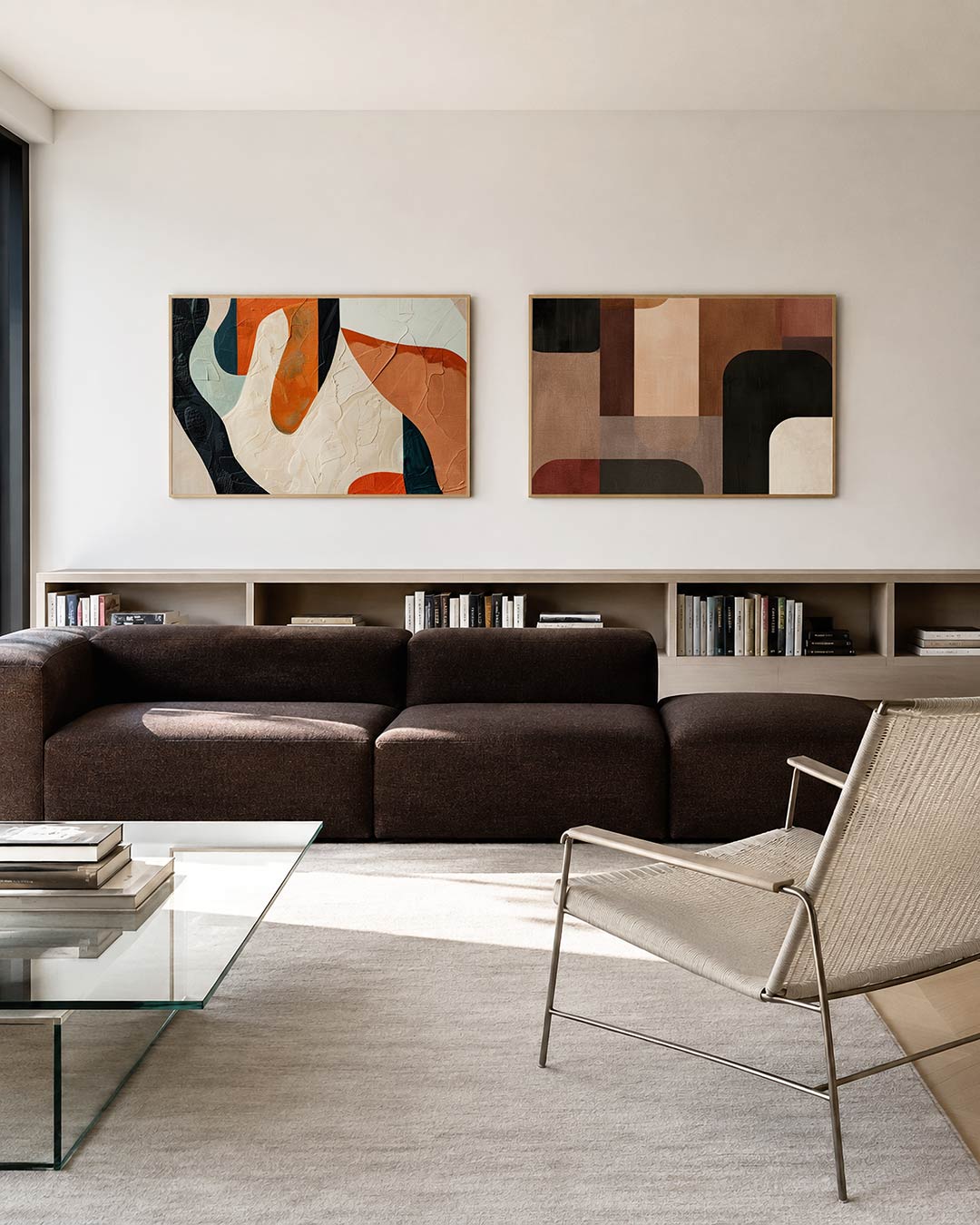 Twee liggende posters met vloeiende vormen en warme kleuren, aan de muur in een interieur