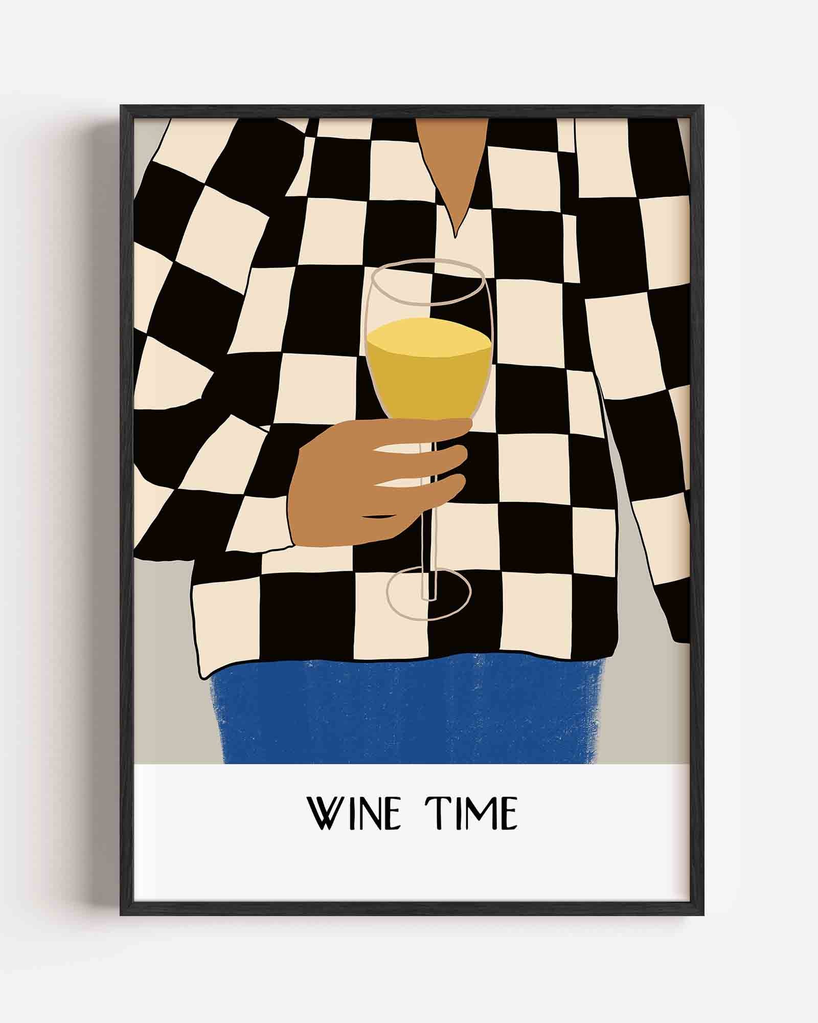 Wijn glas en geruit patroon Poster