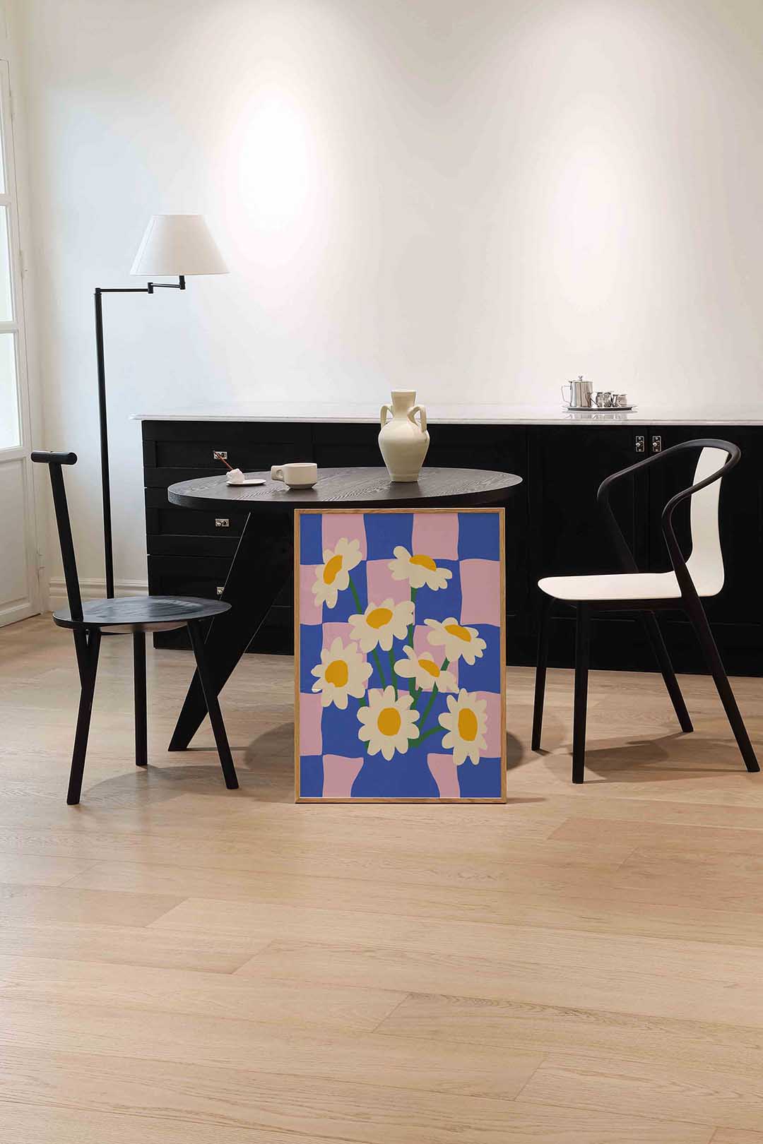 Bloemen op blauw en roze Poster