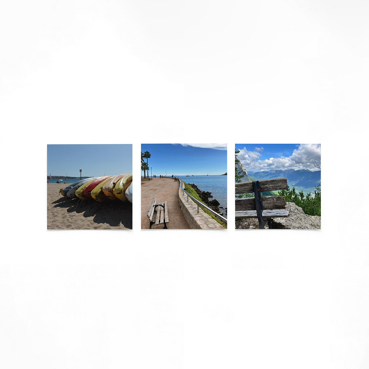 Productfoto van drie vierkante posters met bankjes aan zee en bergen – Gerald Emming