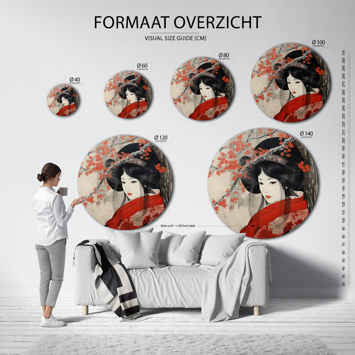 Japanse vrouw met bloemen Muurcirkel