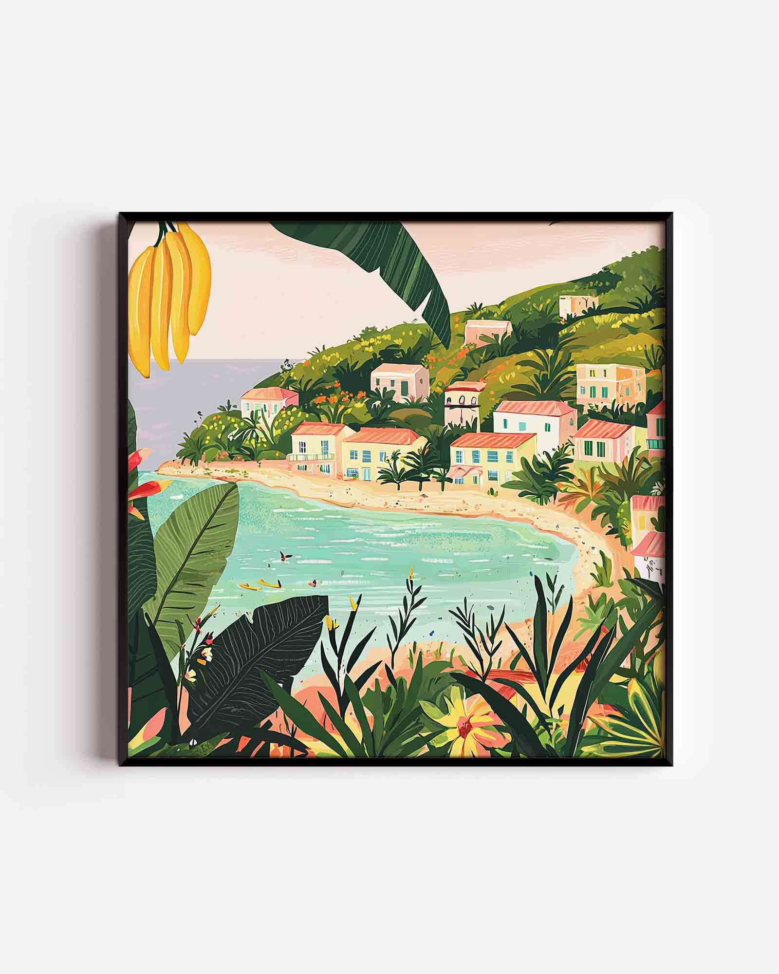 Tropisch strand met huizen Poster
