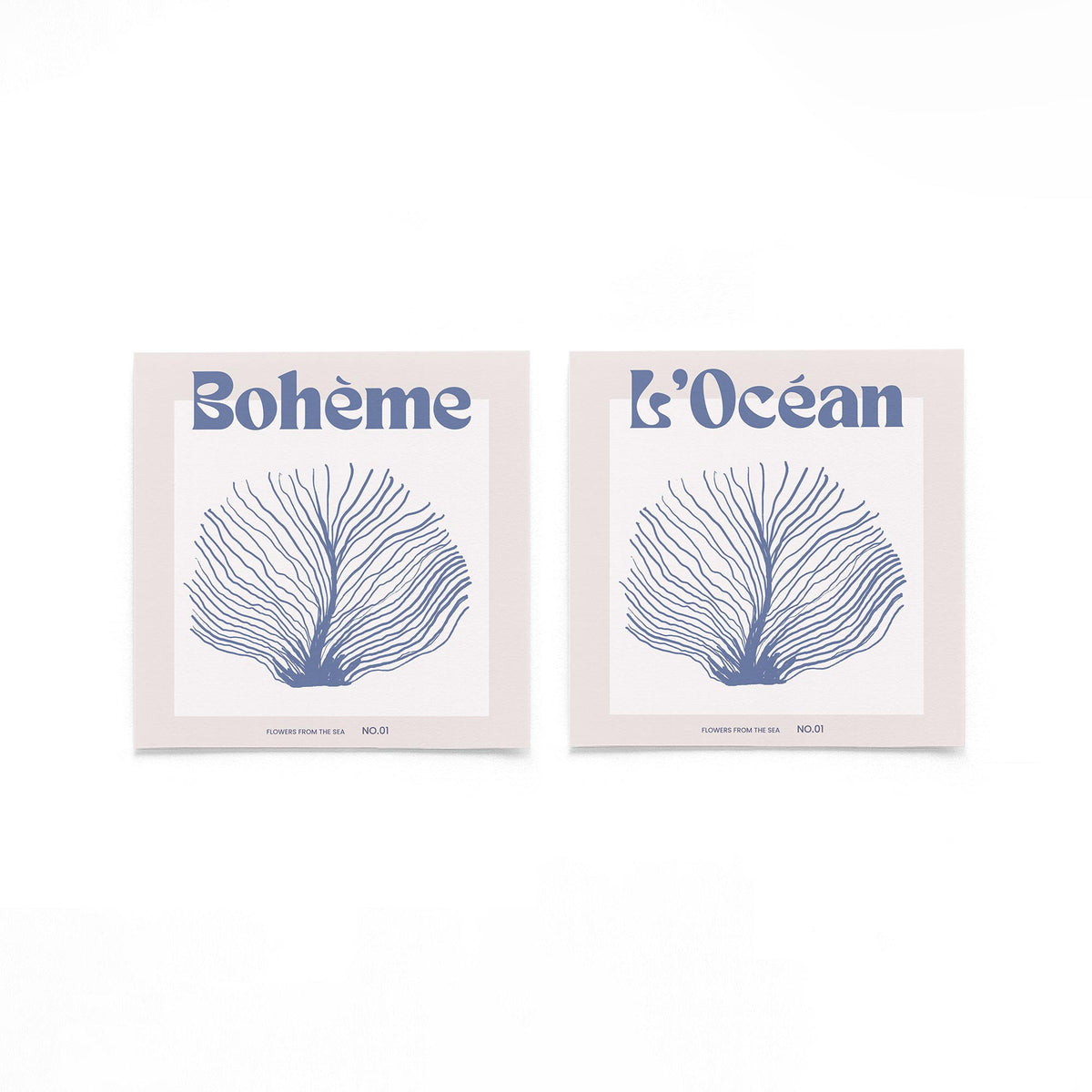 Twee vierkante posters met zeeplant en oceaan op een gebroken witte achtergrond