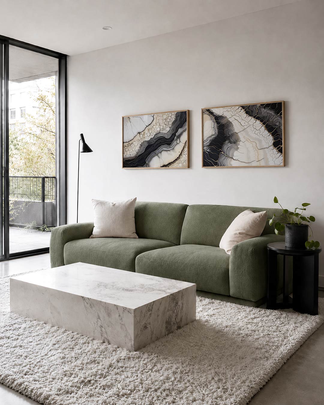 Twee liggende posters met vloeiende lijnen en cirkelvormige patronen in zachte tinten, aan de muur in een interieur