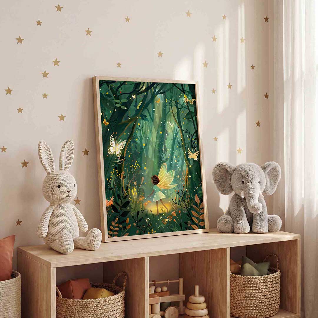 Meisje met vleugels in bos Poster