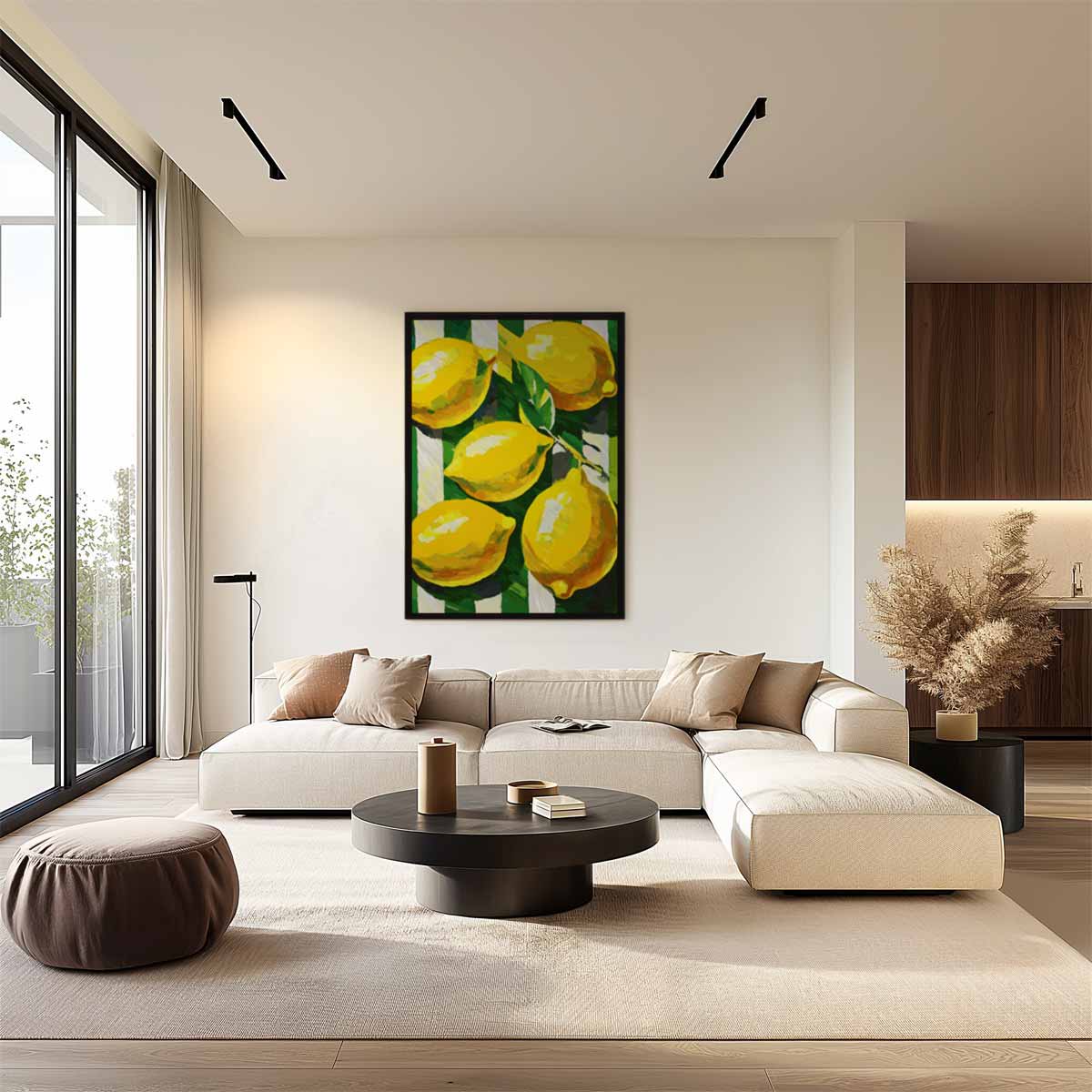 Citroenen op een Gestreepte Achtergrond Kunstwerk-canvas-dibond-plexiglas-wanddecoratie-WallArtistic