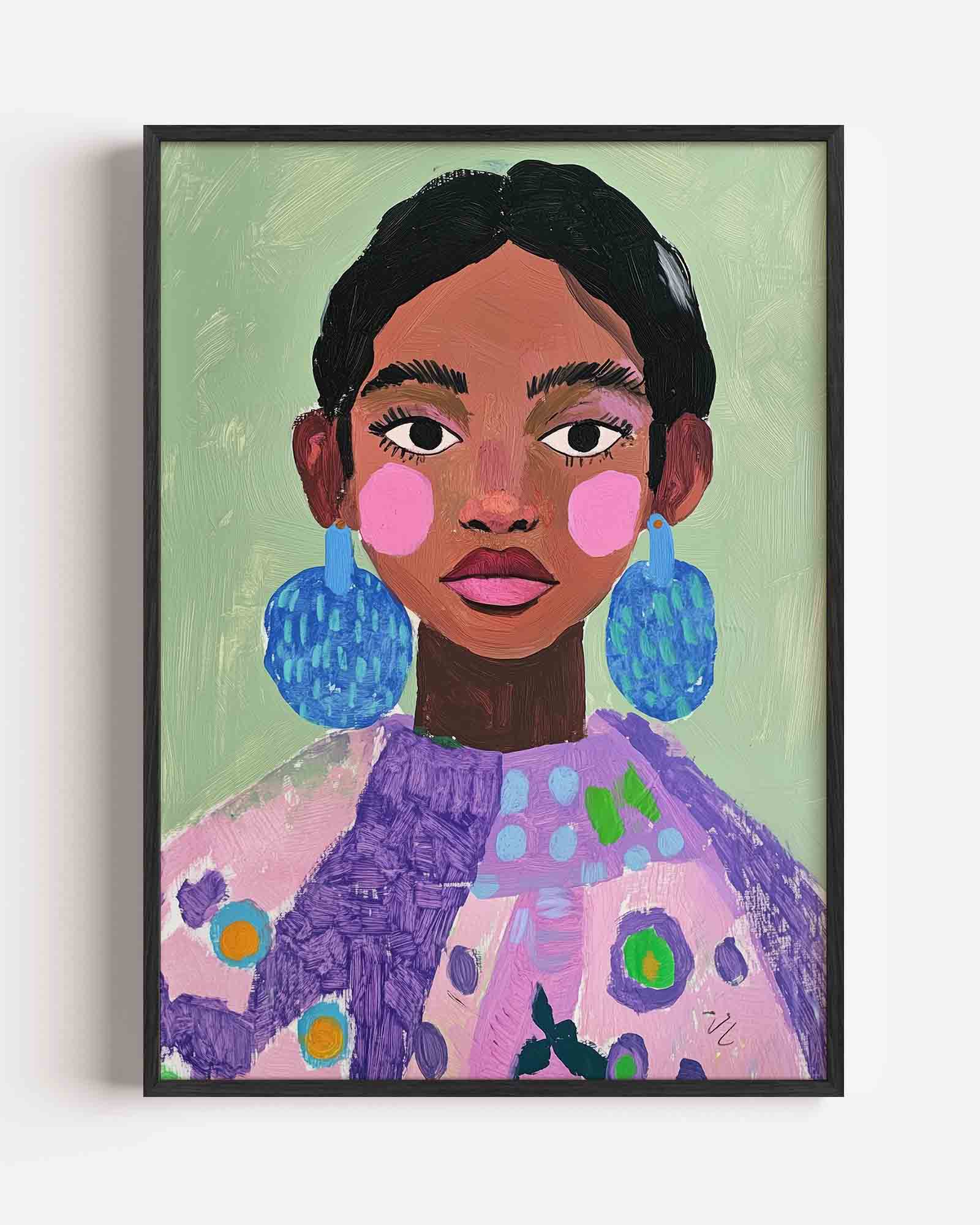 Portret met blauwe oorbellen Poster