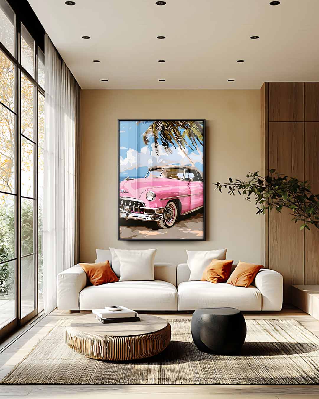 Roze Oldtimer aan het Strand Kunstwerk-canvas-dibond-plexiglas-wanddecoratie-WallArtistic
