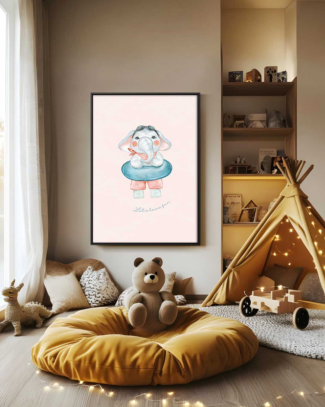 Speelse Olifant Met Zwemband Kunstwerk-canvas-dibond-plexiglas-wanddecoratie-WallArtistic