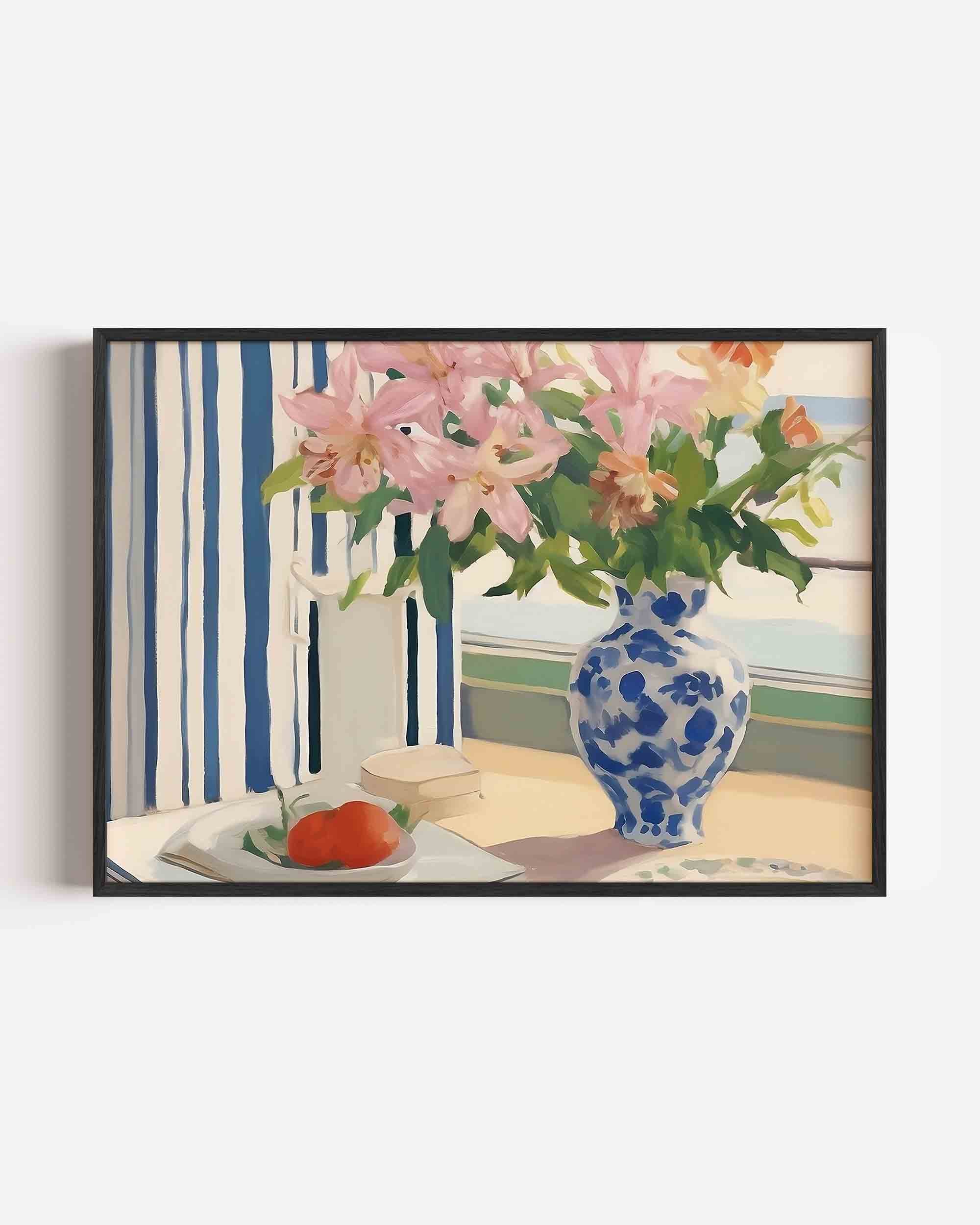 Bloemen en vaas bij raam Poster