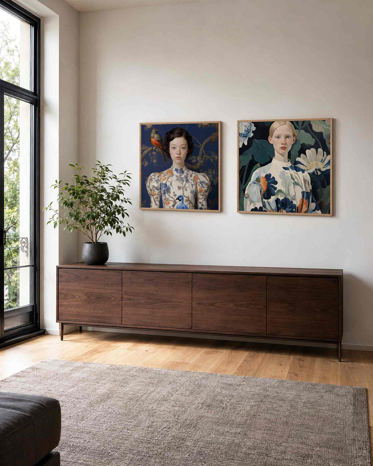 Interieurpresentatie van een tweedelige vierkante posterset met vrouwenportretten met bloemen
