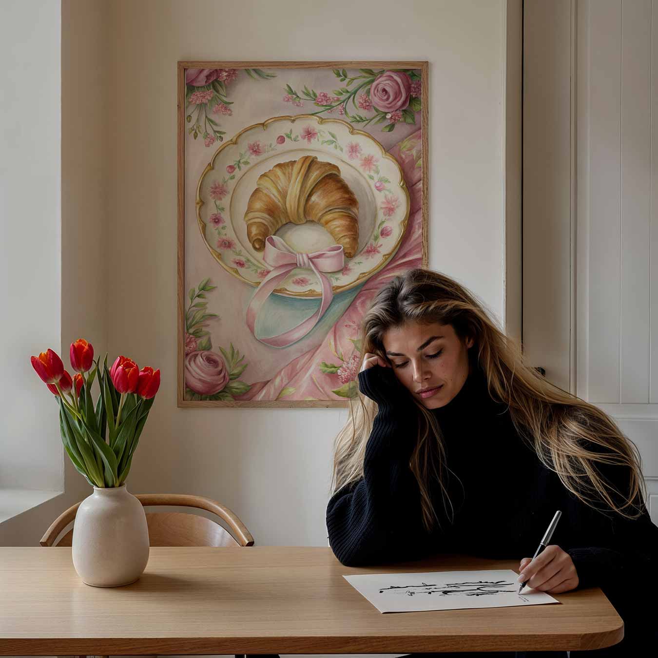 Romantische Bloemen en Croissant Poster-WallArtistic