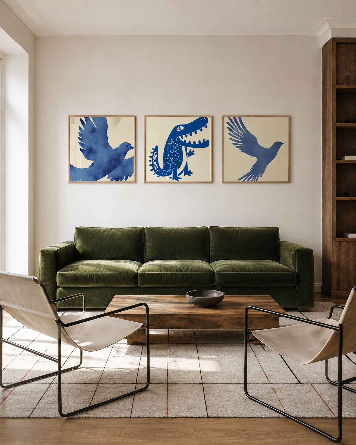 Interieurpresentatie van een driedelige vierkante posterset met blauwe dieren