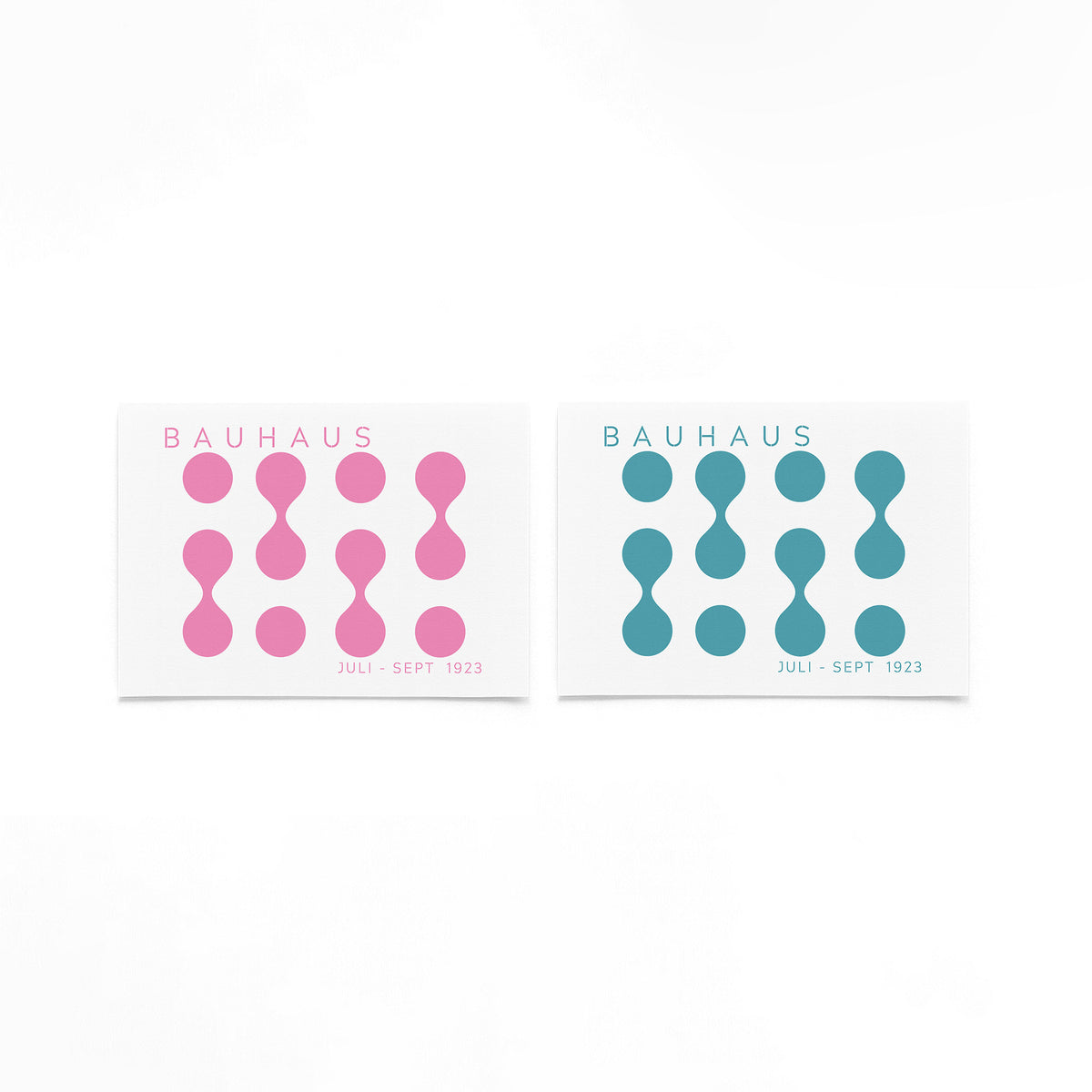 Twee landscape posters met roze en turquoise cirkelritme als vrijstaande productfoto