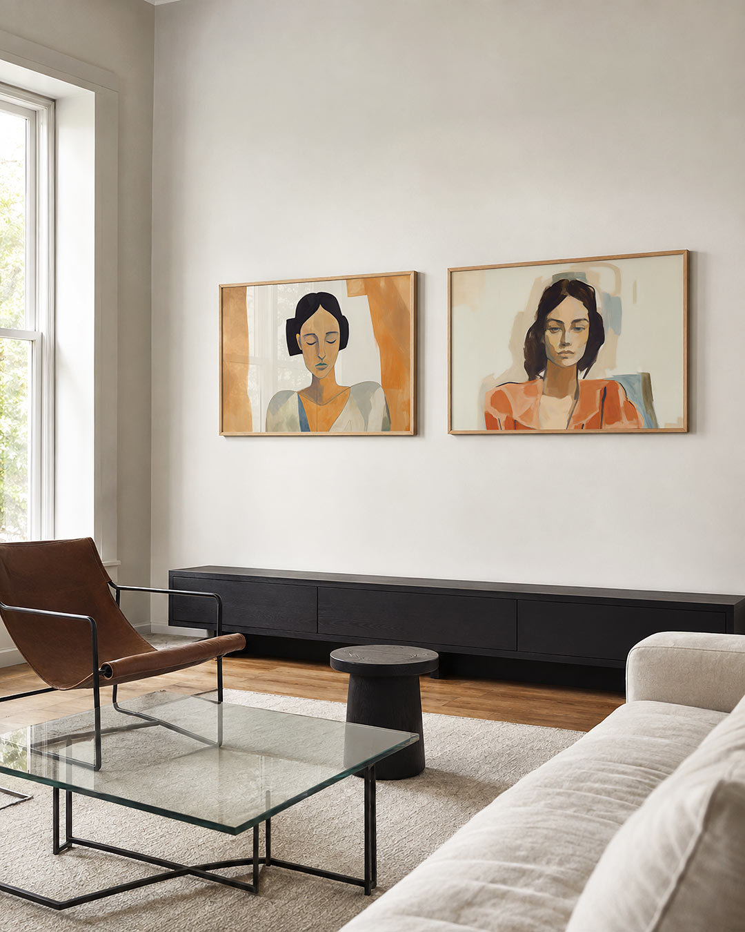 Twee liggende posters met een serene compositie met zachte, aardse tinten, aan de muur in een interieur