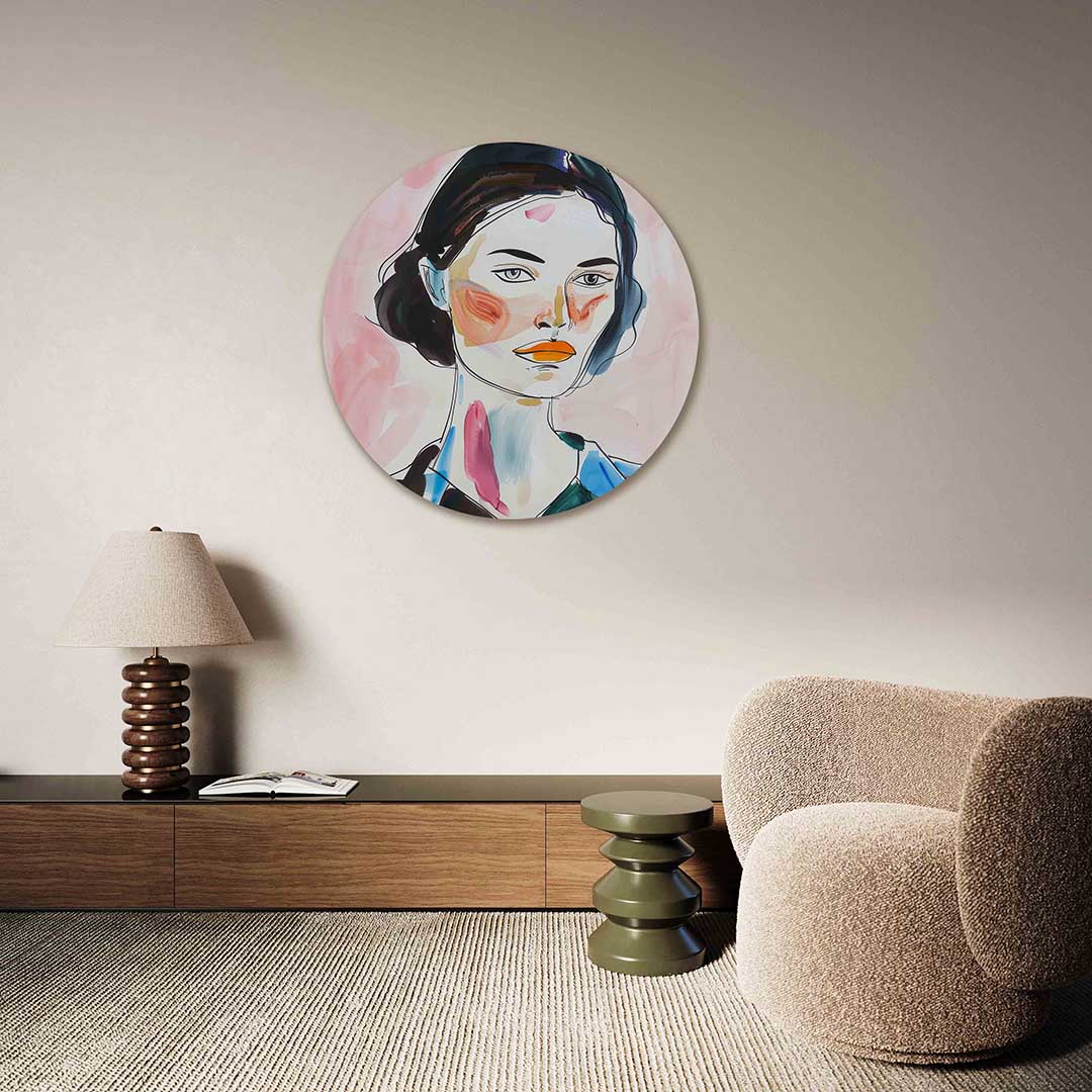 Portret met roze achtergrond Muurcirkel