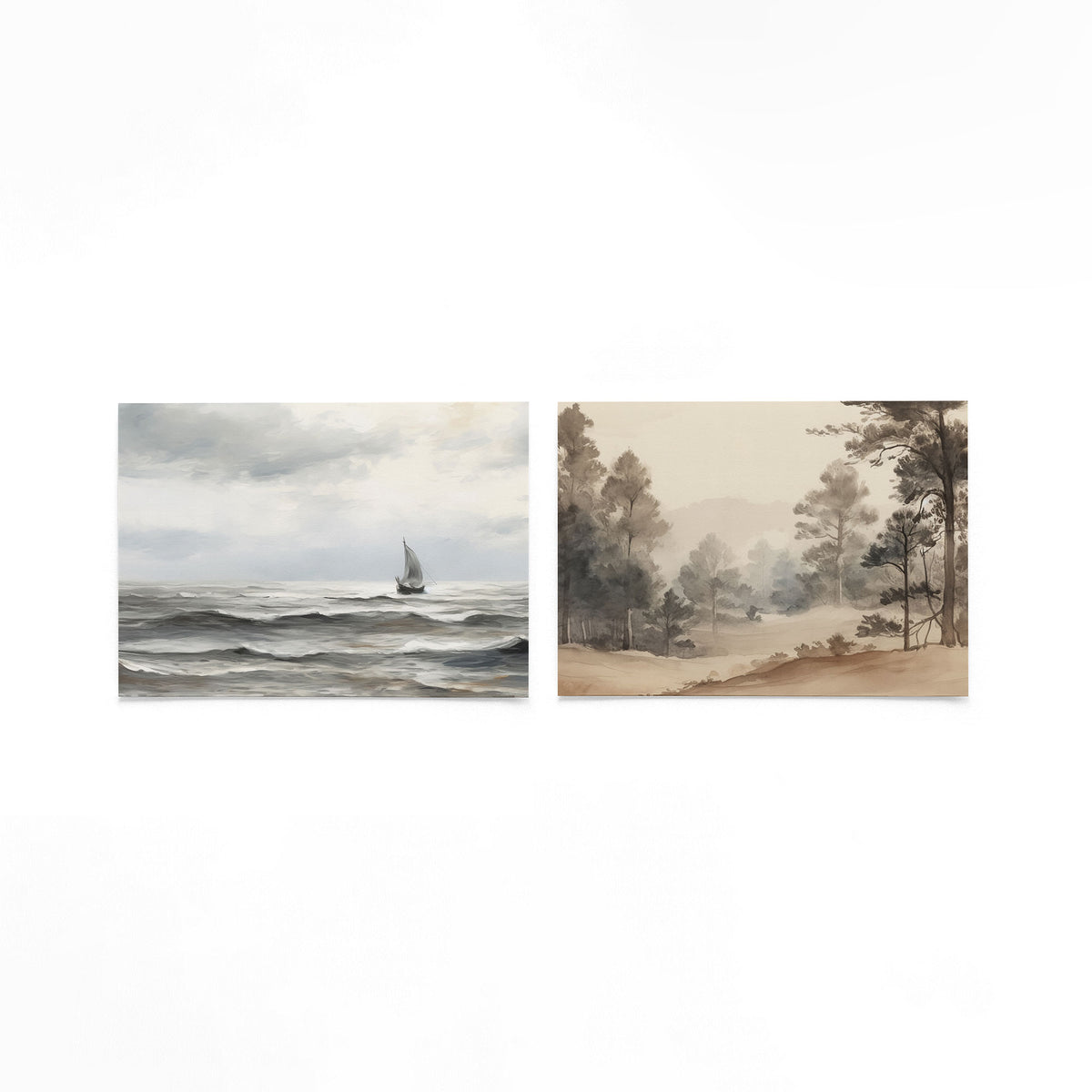 Twee liggende posters met een eenzame boot op een woelige zee op een gebroken witte achtergrond