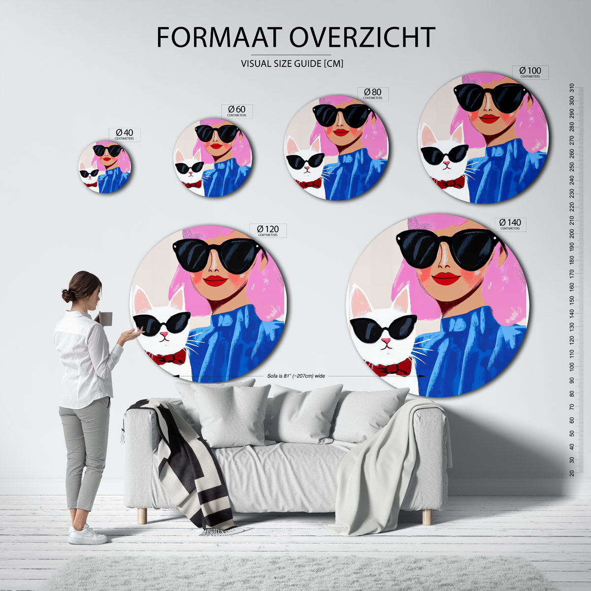 Vrouw en kat met zonnebrillen Muurcirkel