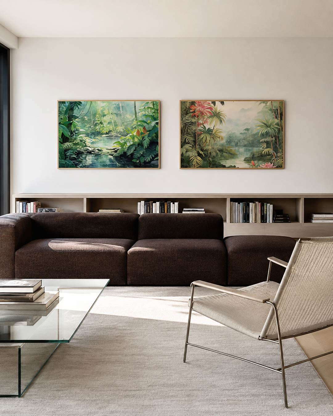 Twee liggende posters met een weelderige jungle met overvloedig groen, aan de muur in een interieur