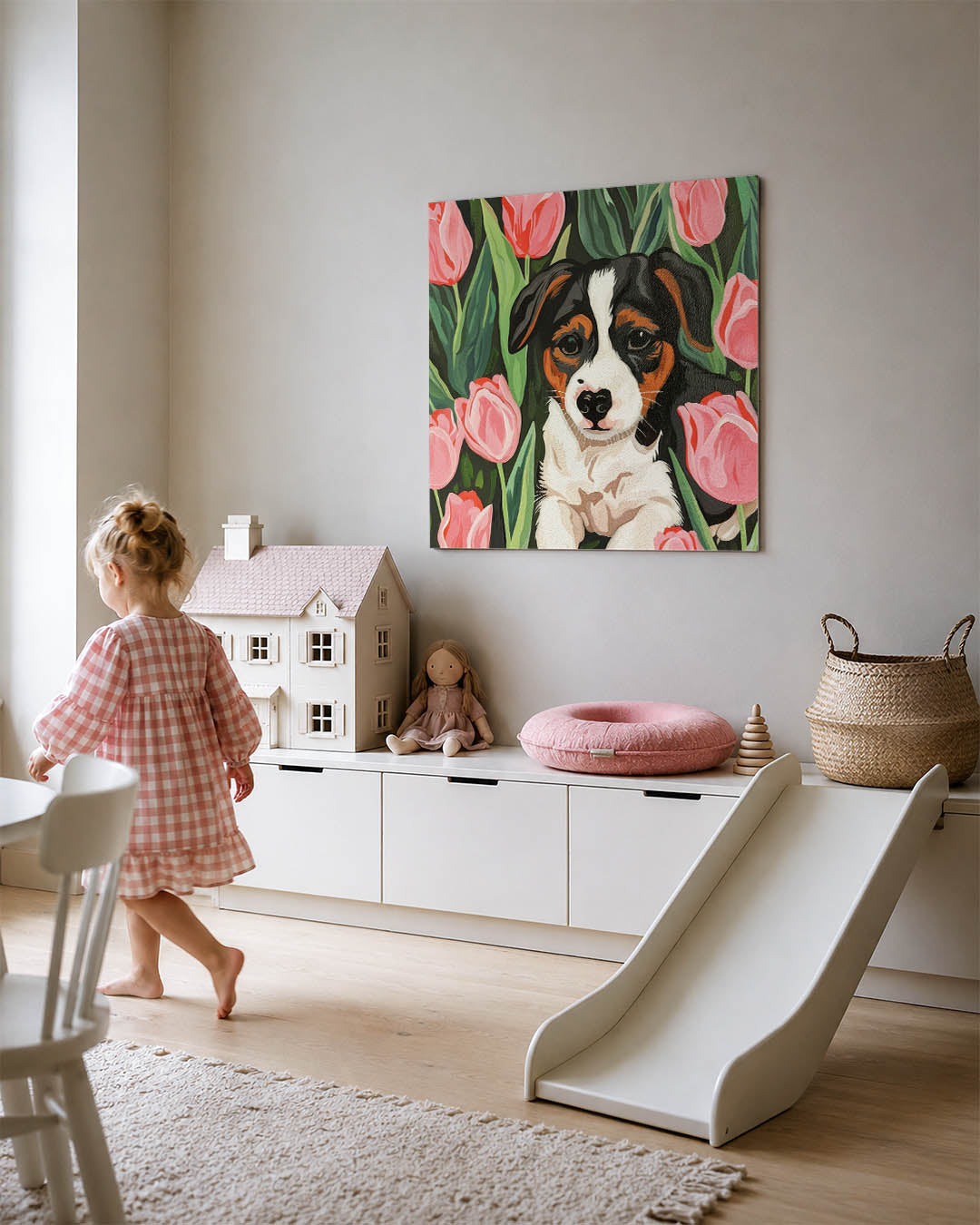 Hond tussen tulpen Kunstwerk