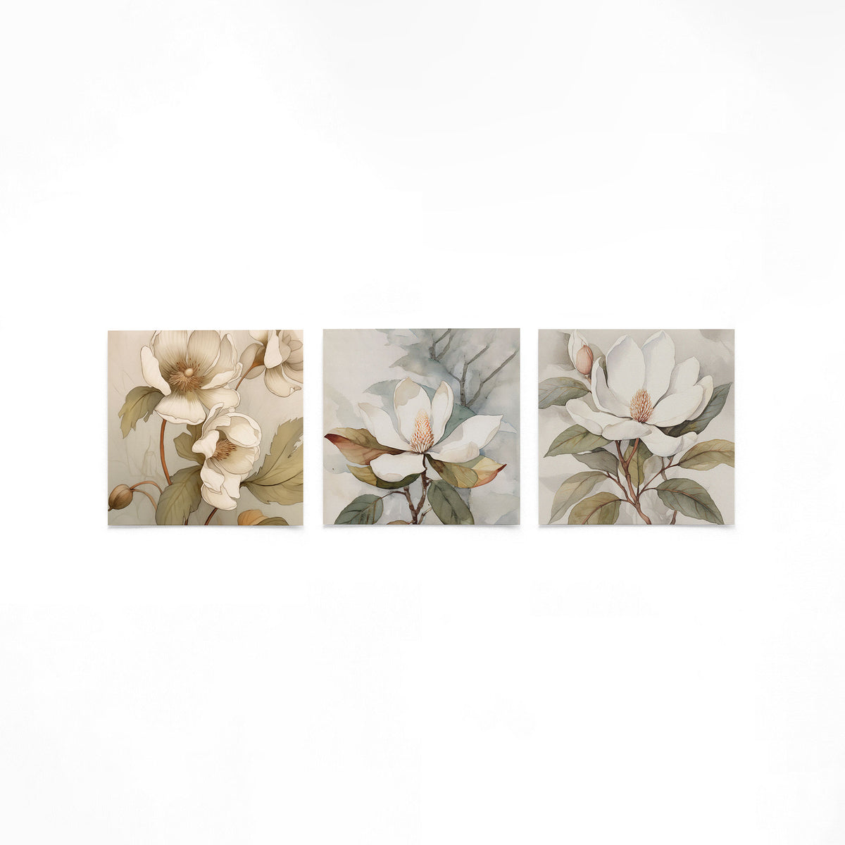 Drie vierkante posters met magnolia bloemen op een gebroken witte achtergrond