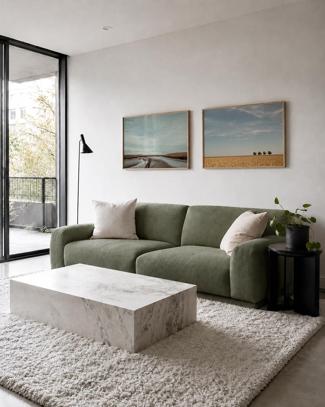 Interieur met liggend fotografisch tweeluik getijden en gouden aren – Gerald Emming