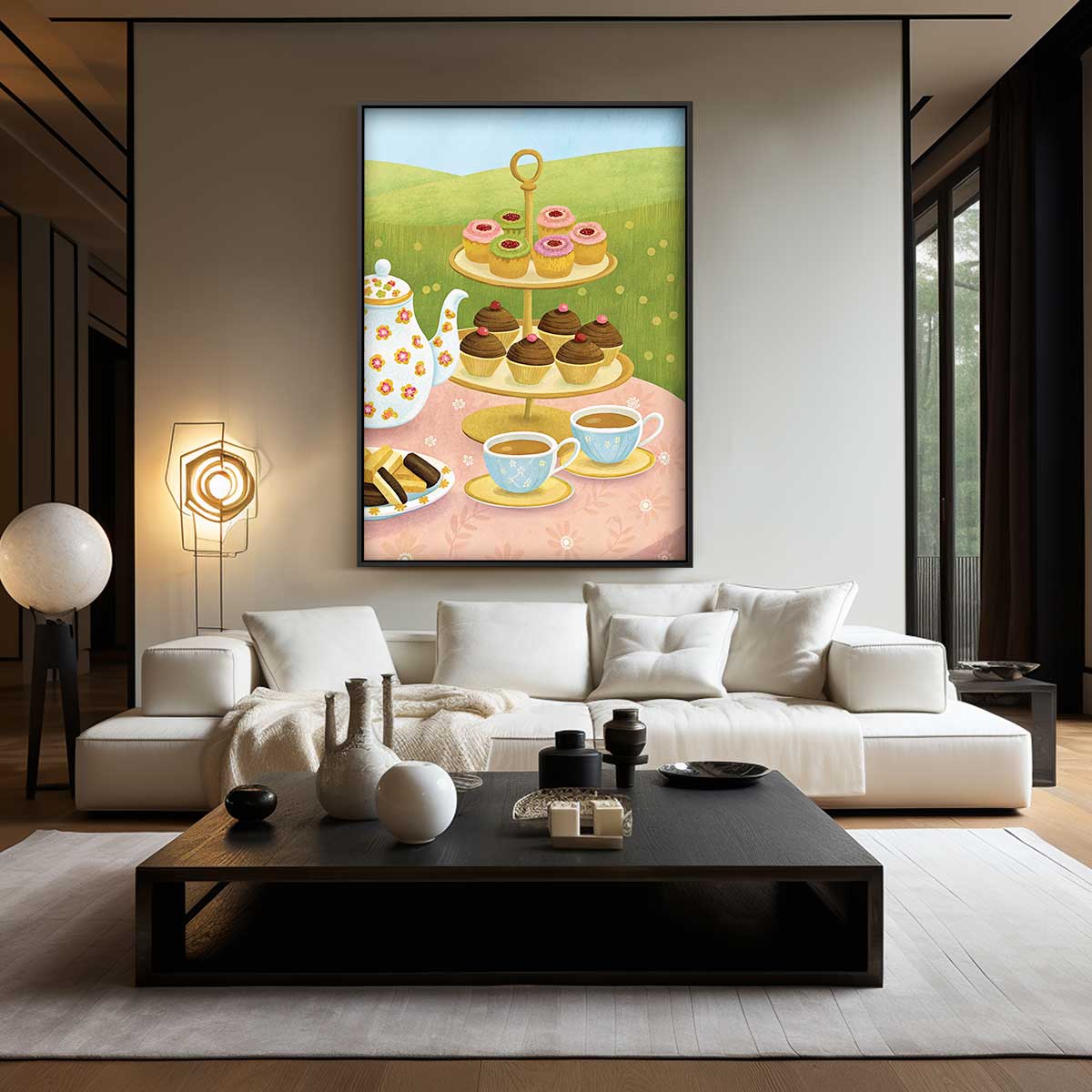 Sfeervolle Theemiddag Illustratie Kunstwerk-canvas-dibond-plexiglas-wanddecoratie-WallArtistic