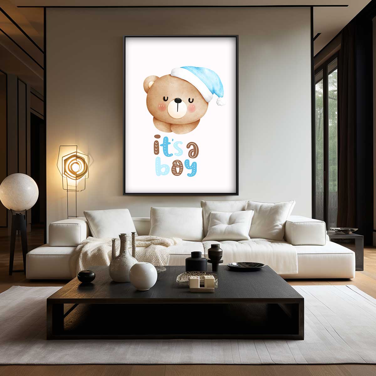 Schattige Beer Met Blauwe Muts Kunstwerk-canvas-dibond-plexiglas-wanddecoratie-WallArtistic