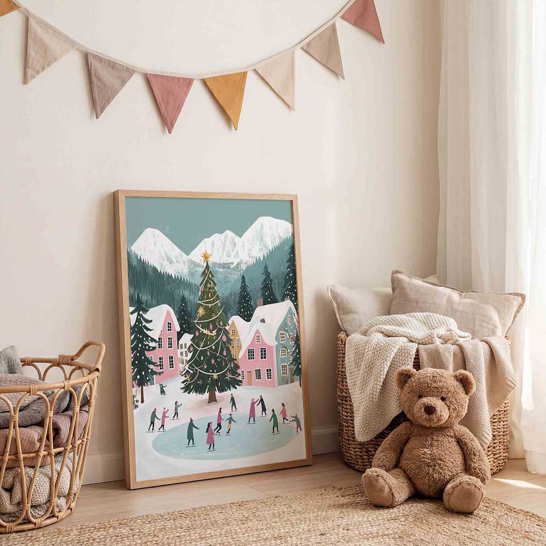 Schaatsende mensen bij kerstboom Poster