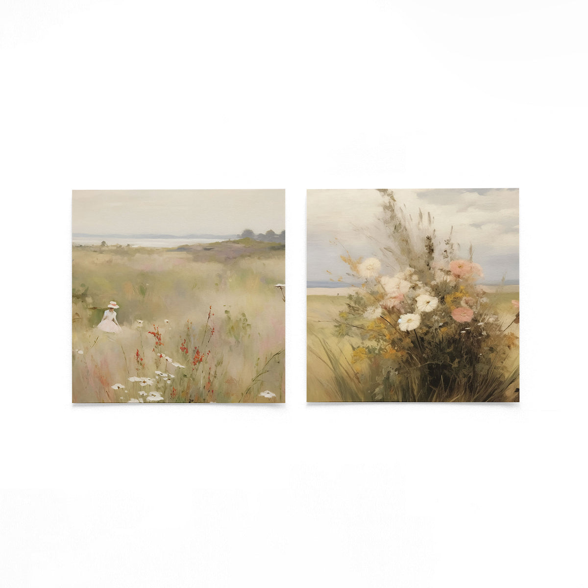 Twee vierkante posters met bloemenweide en veldboeket op een gebroken witte achtergrond