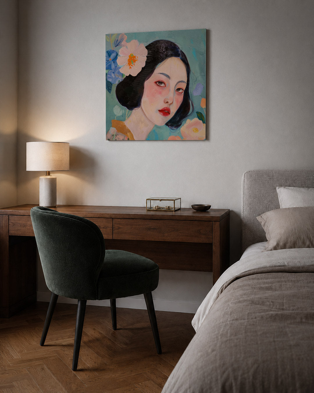 Vrouwelijk portret bloemen Kunstwerk