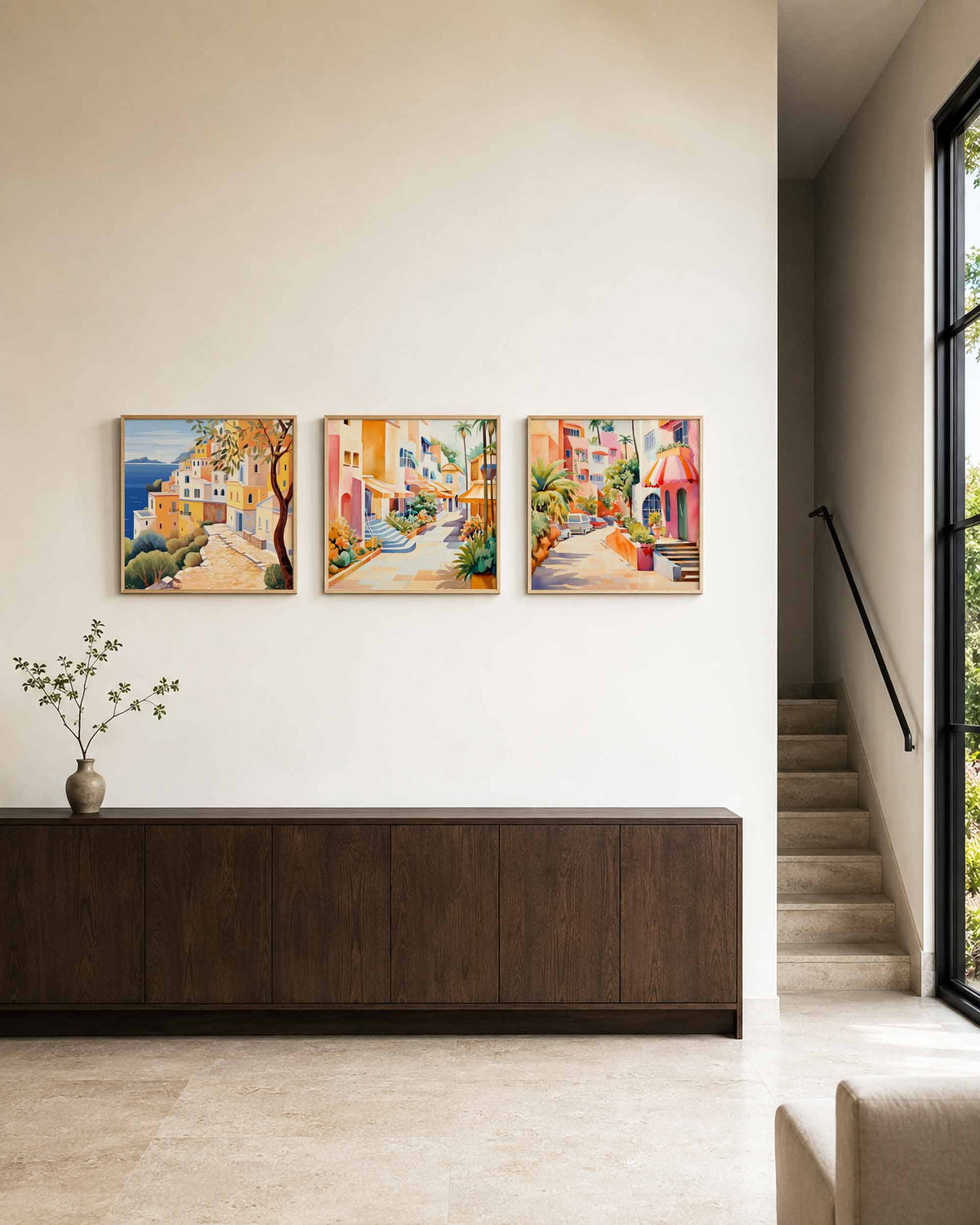 Interieurpresentatie van een driedelige vierkante posterset met kleurrijke kustdorp
