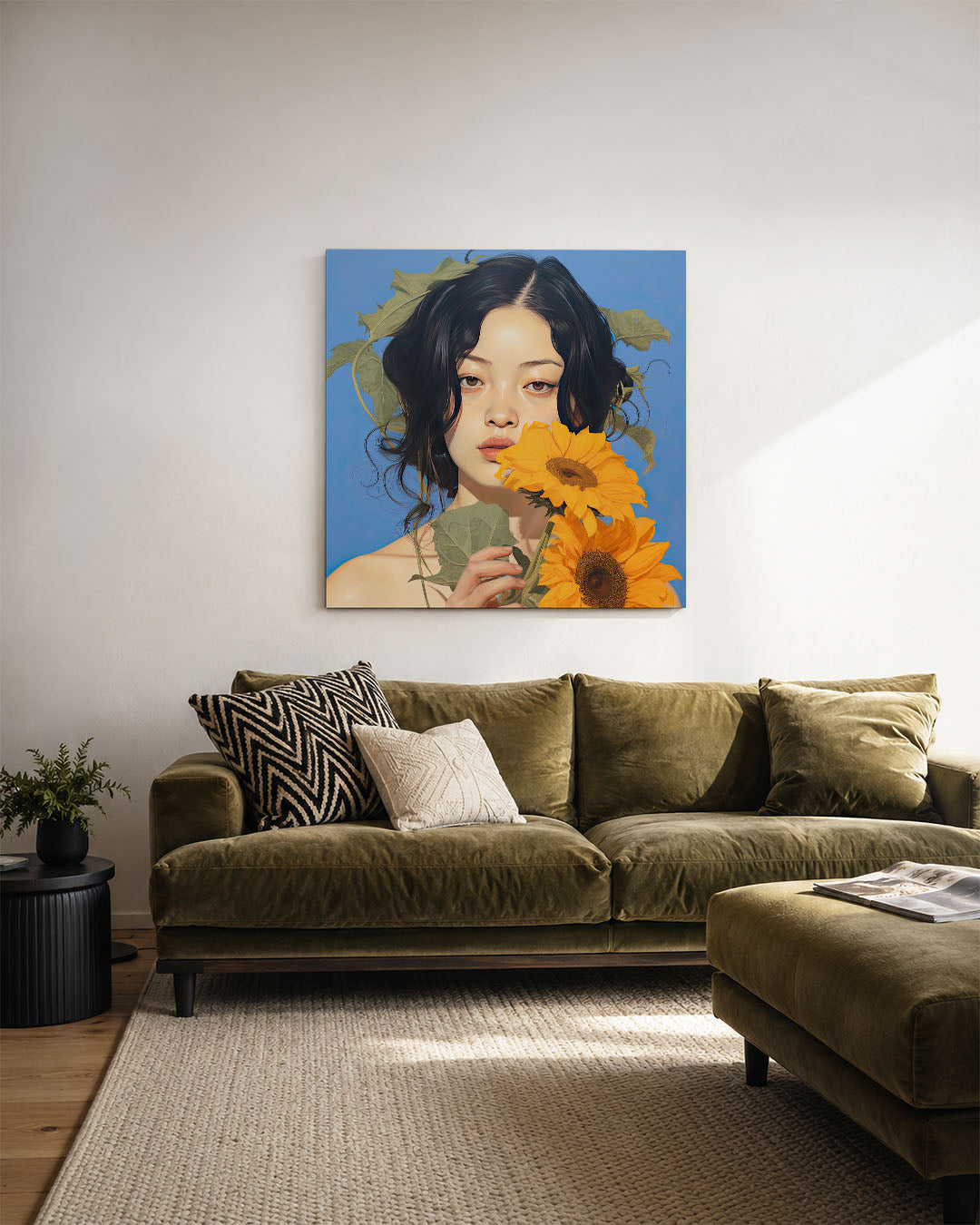 Vrouw met zonnebloemen Kunstwerk