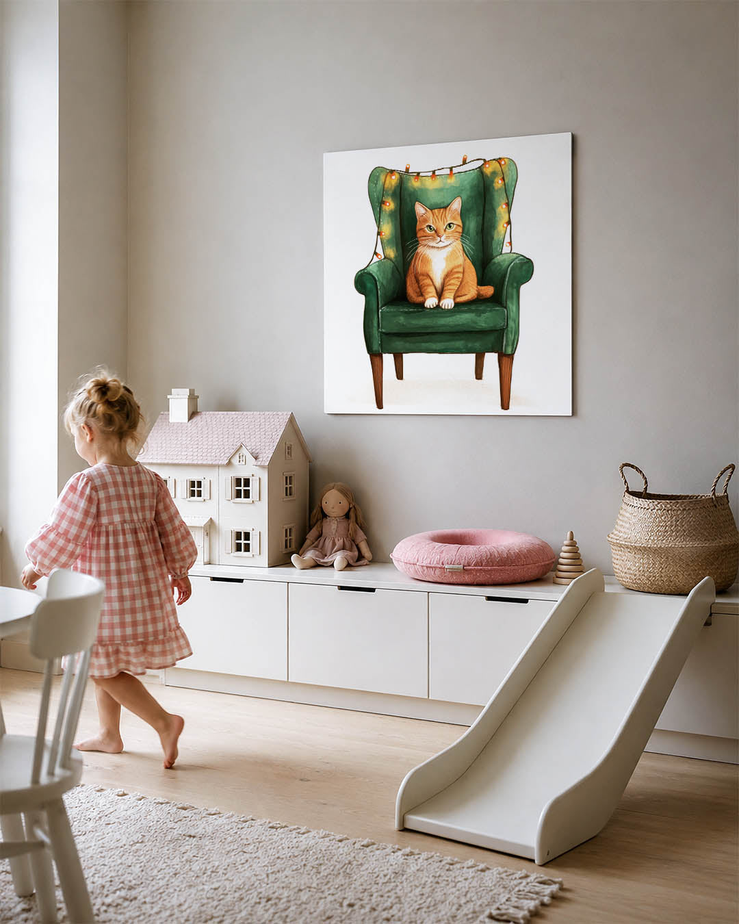Kat op groene stoel Kunstwerk