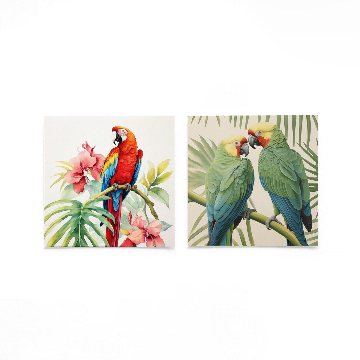 Twee vierkante posters met papegaaien en tropische bloemen op een gebroken witte achtergrond