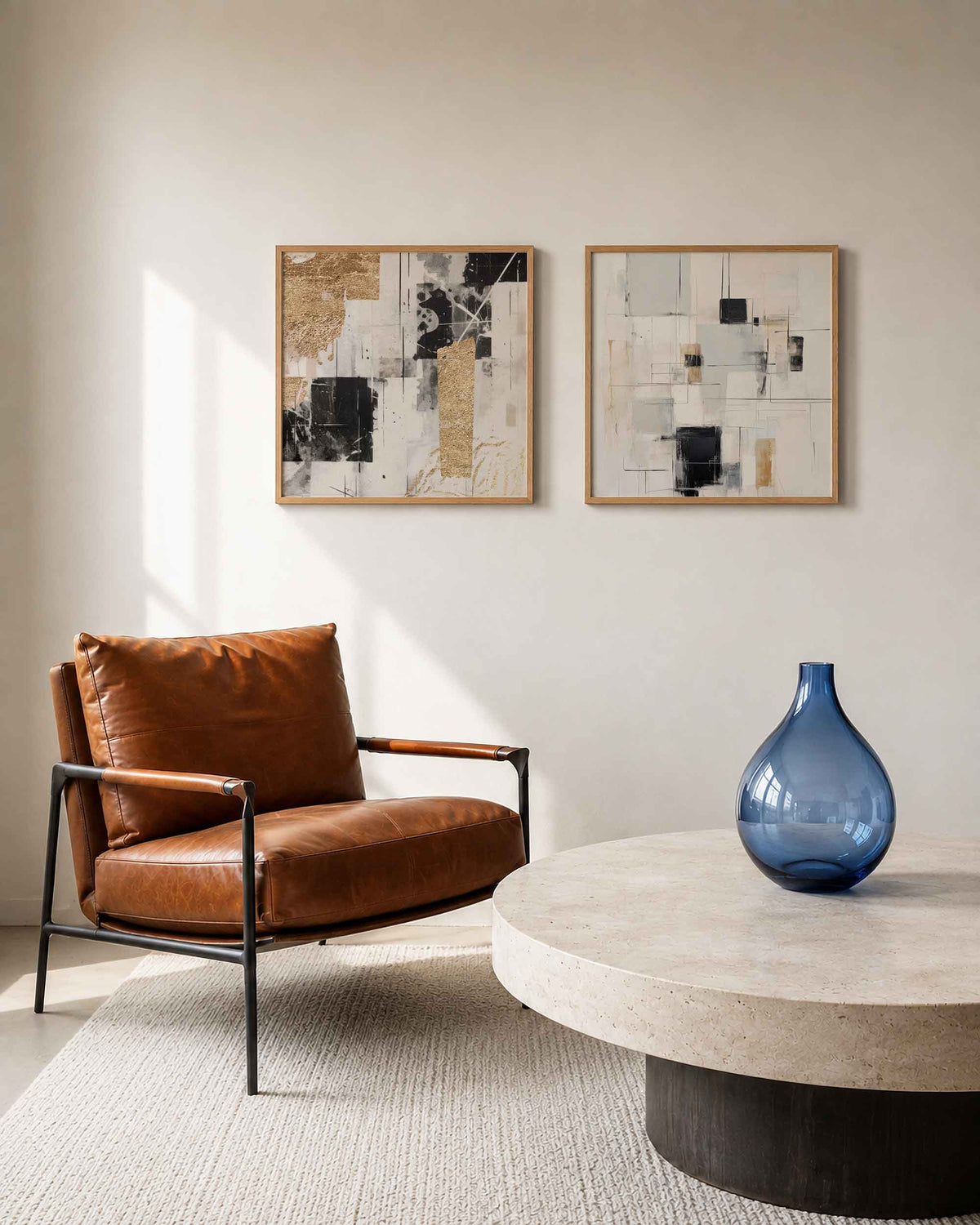 Interieurpresentatie van een tweedelige vierkante posterset met zwart goud abstract