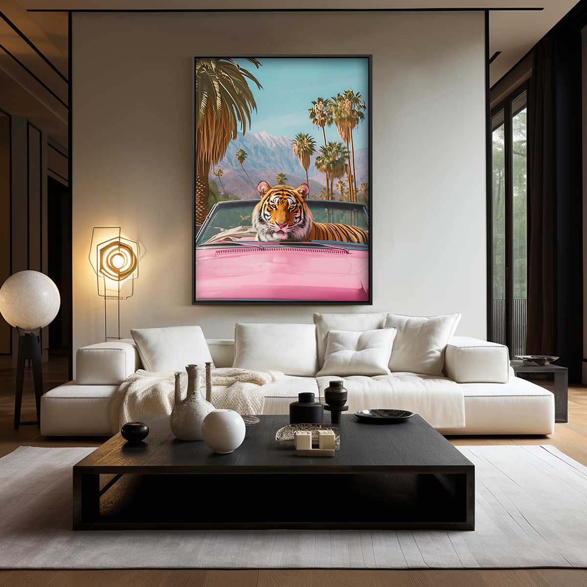 Tijger in de Roze Cabrio Kunstwerk-canvas-dibond-plexiglas-wanddecoratie-WallArtistic